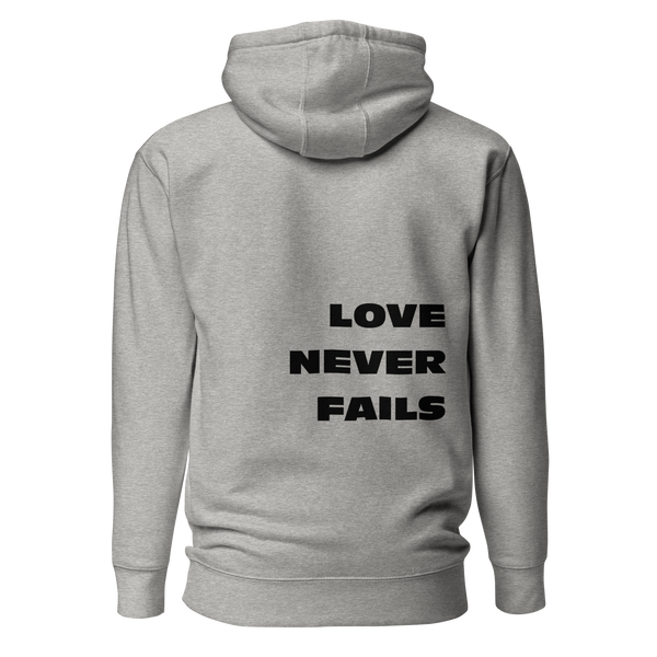 Unisex Love Never Fails Hoodie (black lettering)