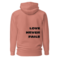 Unisex Love Never Fails Hoodie (black lettering)