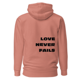 Unisex Love Never Fails Hoodie (black lettering)