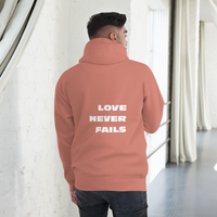 Unisex Love Never Fails Hoodie (white lettering)