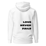 Unisex Love Never Fails Hoodie (black lettering)